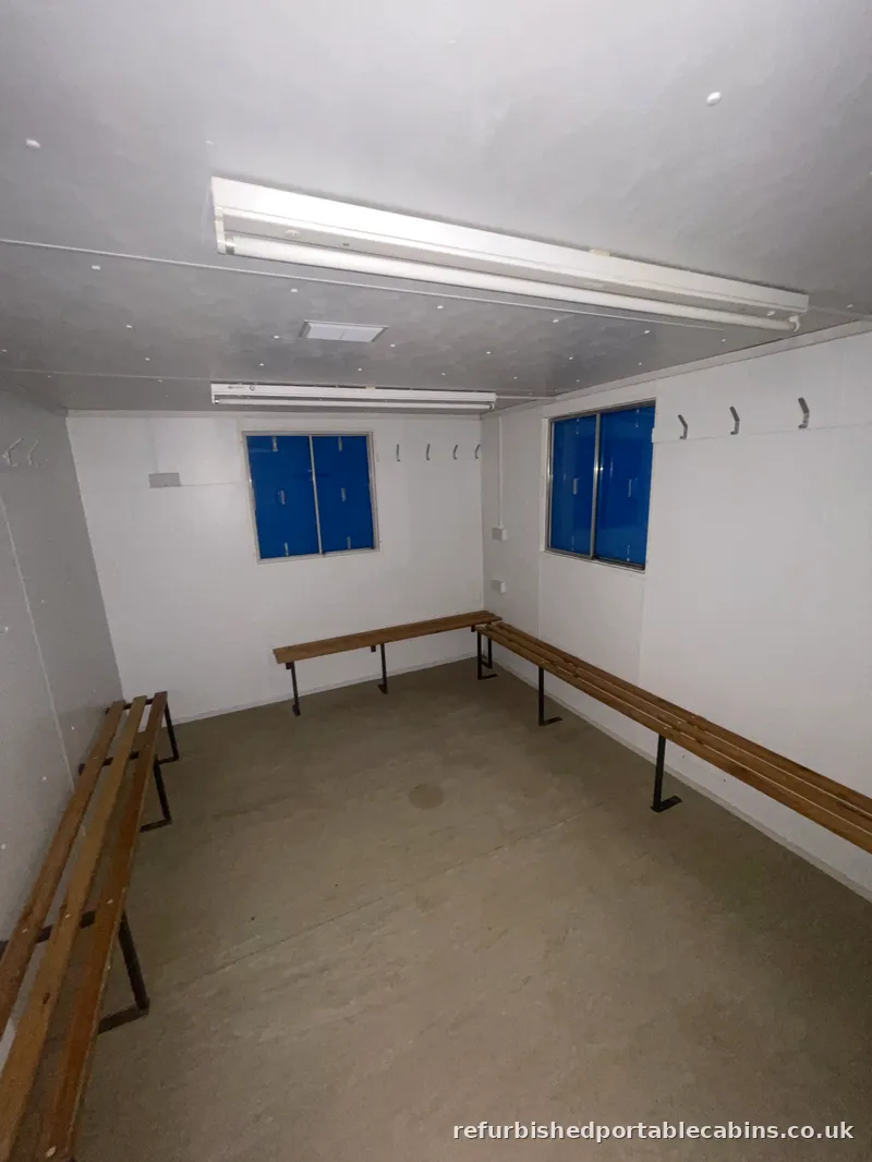 Changing Rooms Bench seating, hooks and lockers in a refurbished changing room cabin
