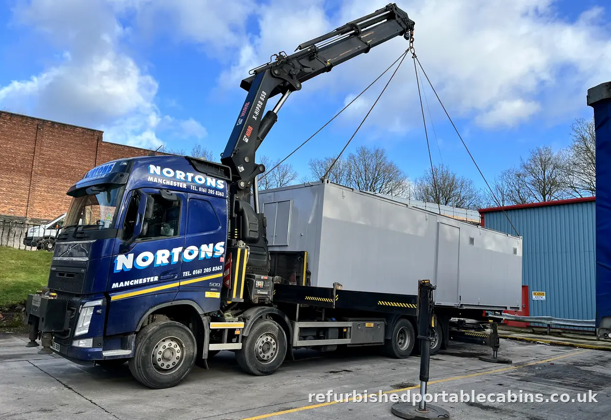 Refurbished portable cabin being delivered by our HIAB lorry